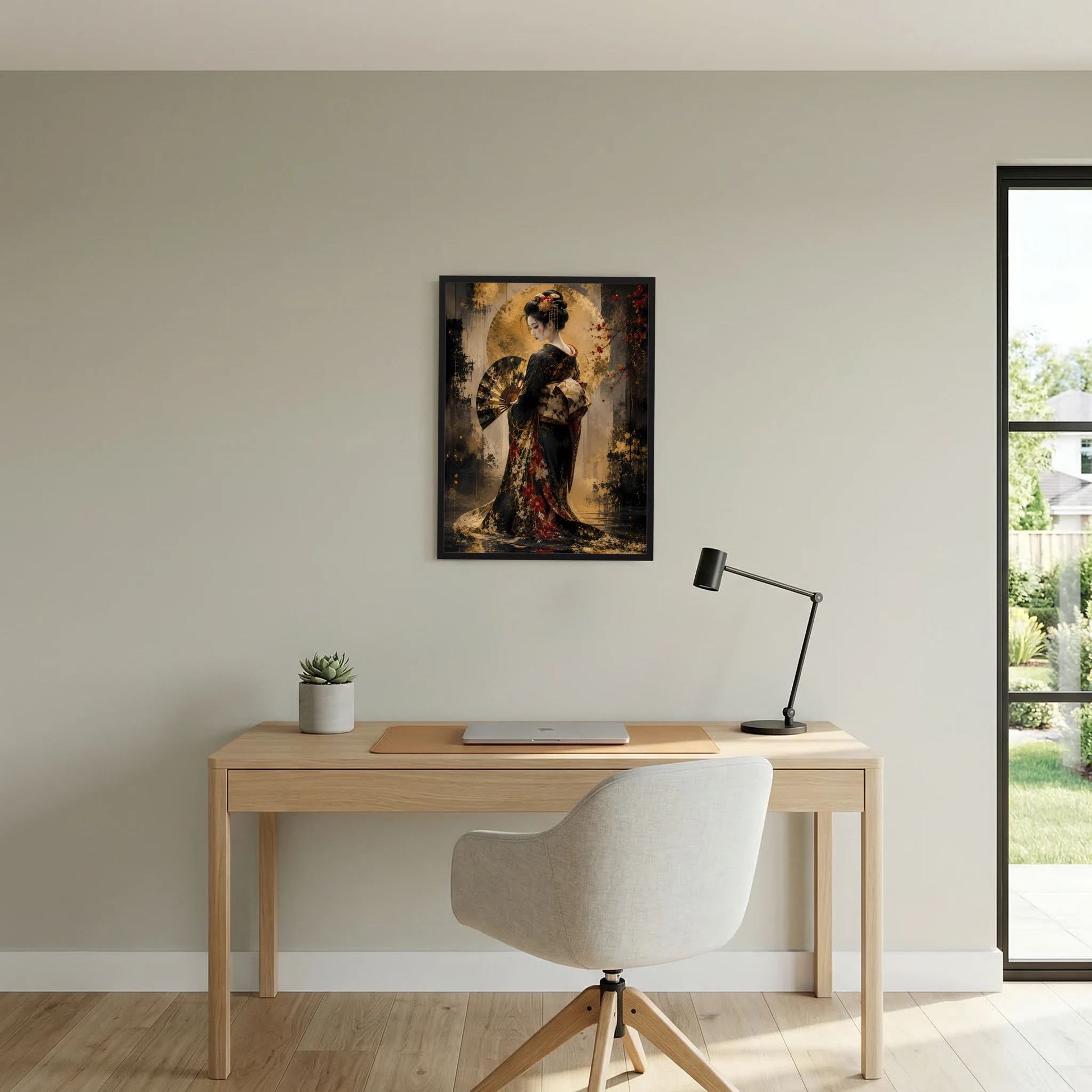 Hochformat-Poster: Geisha im schwarzen und goldenen Kimono, stilisierte goldene Aura