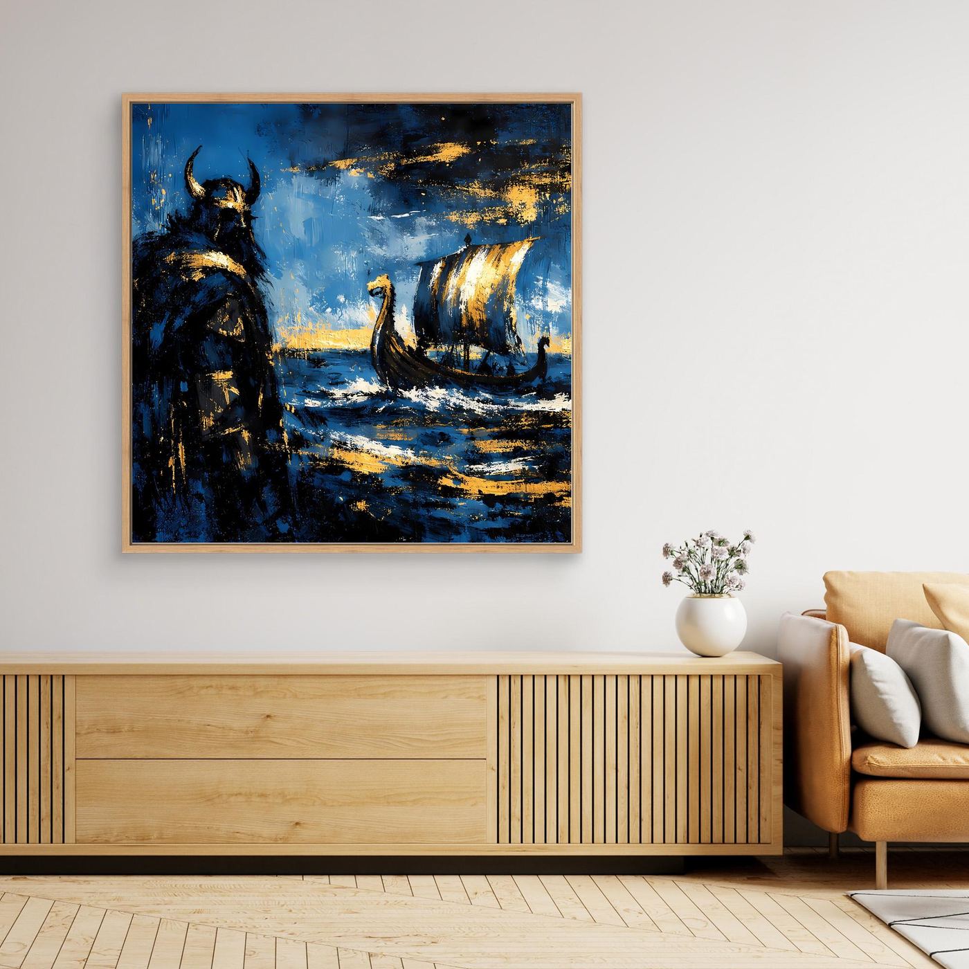 Leinwand Mythischer Wikinger und Langschiff | Abstraktes Nordisches Wandbild