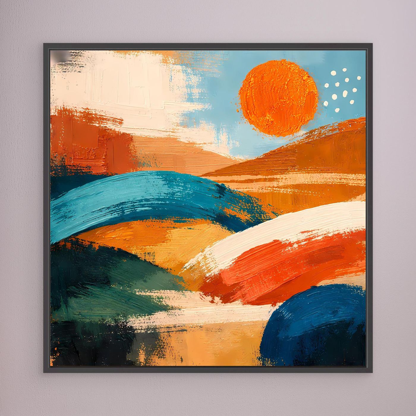 Framed canvas wall art with dark frame, abstract orange and blue hills and orange sun