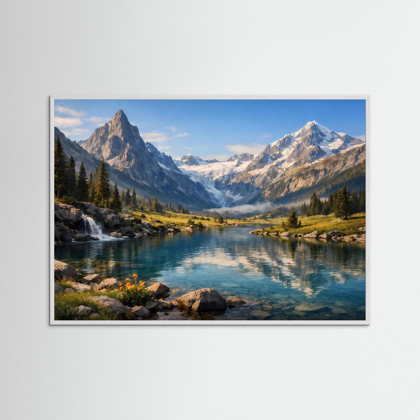 Querformat-Poster: Alpenpanorama mit Bergsee und Wasserfall, grauer Rahmen