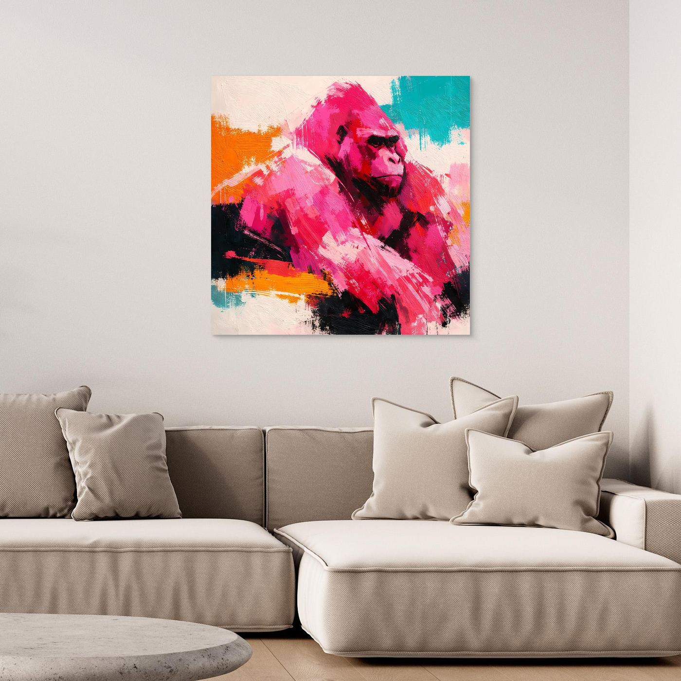 Leinwandbild mit abstraktem Gorilla in Pink-, Türkis- und Orangetönen ohne Rahmen