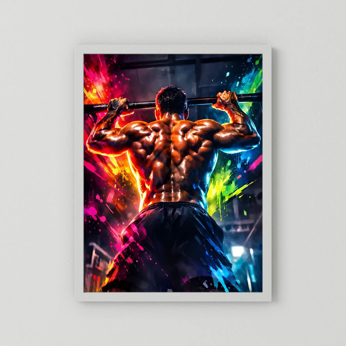 Fitness-Wandbild mit muskulösem Mann beim Klimmzug, farbige Spritzer, weißer Rand