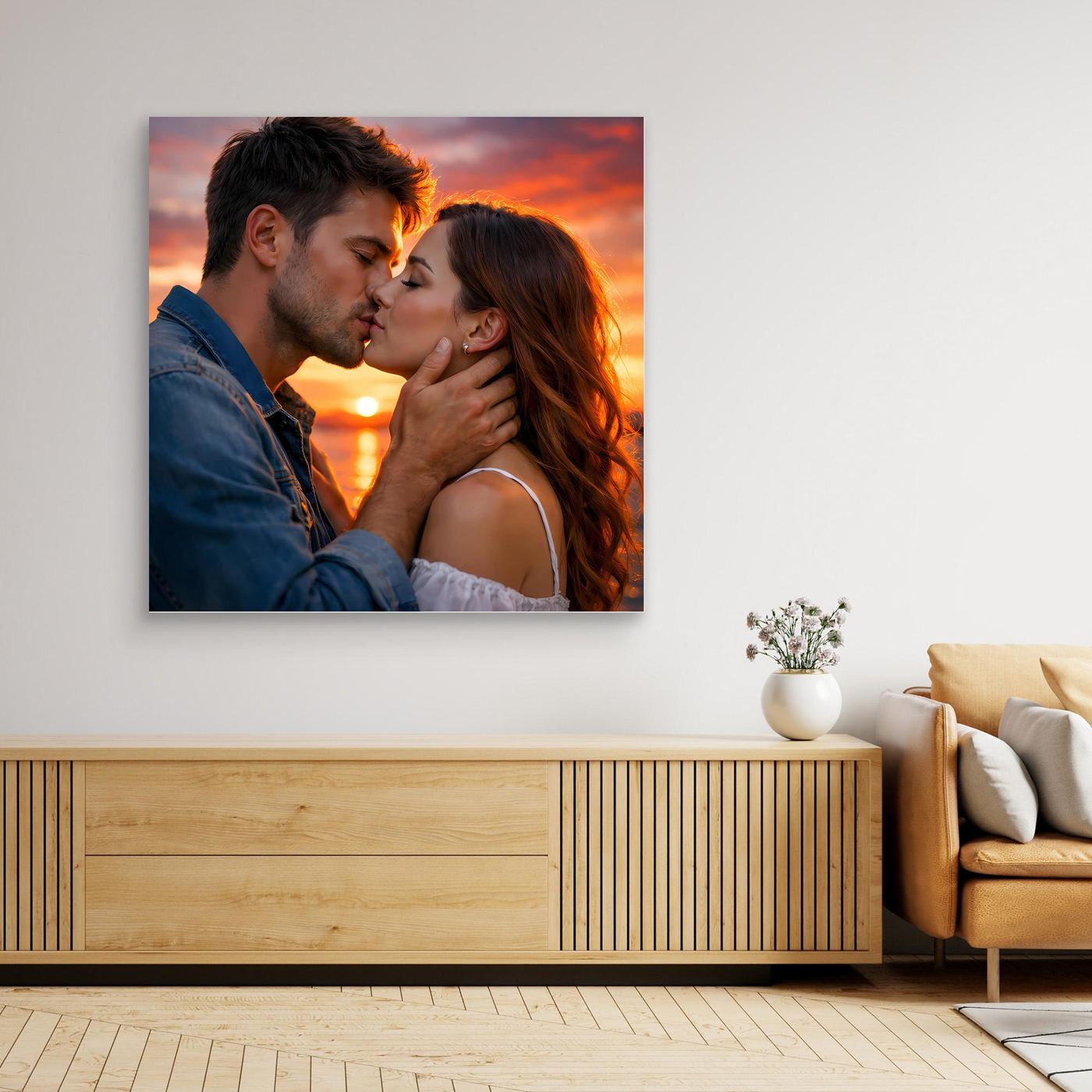 Leinwand Romantischer Kuss im Abendrot | Sinnliches Paar Wandbild