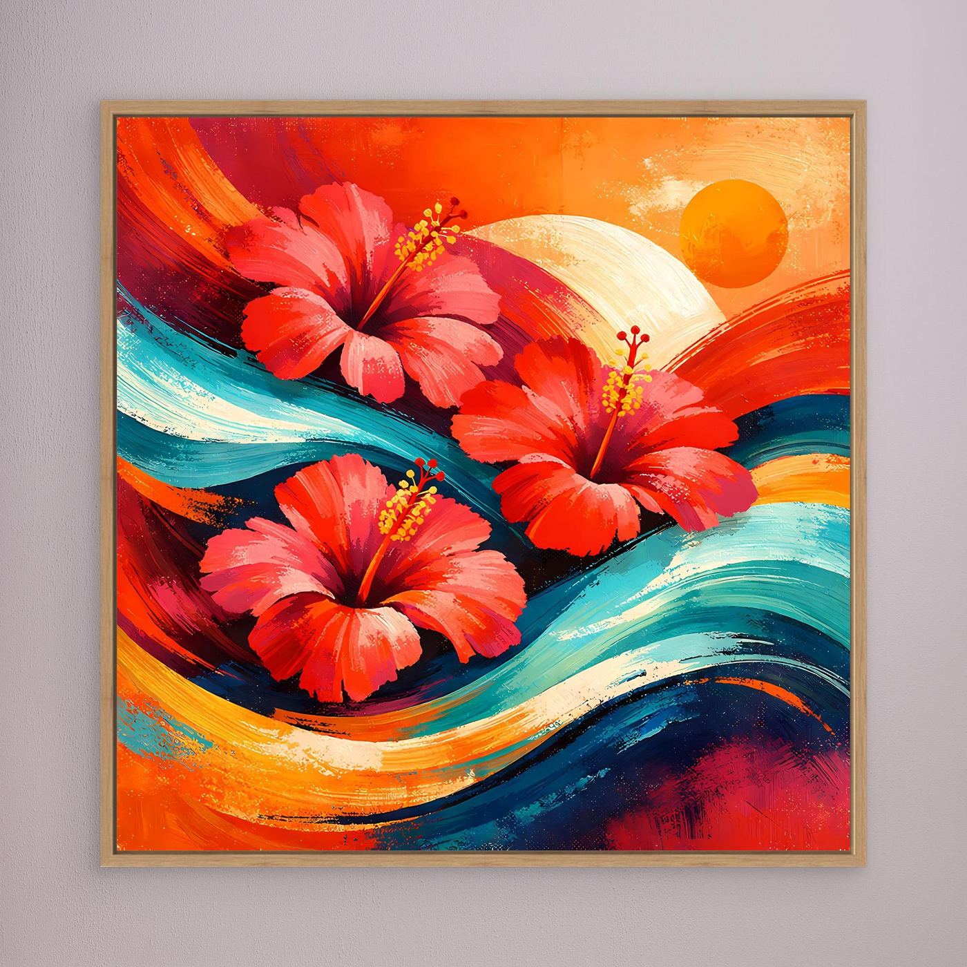 Leinwandbild mit tropischen Hibiskusblüten in Rot und Türkis, braun gold gerahmt