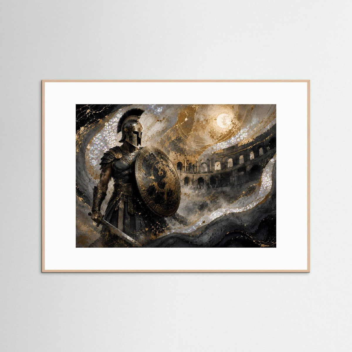 Poster mit römischem Gladiator in dunkler Rüstung, Schild in Gold, im braunen Rahmen mit weißem Rand.