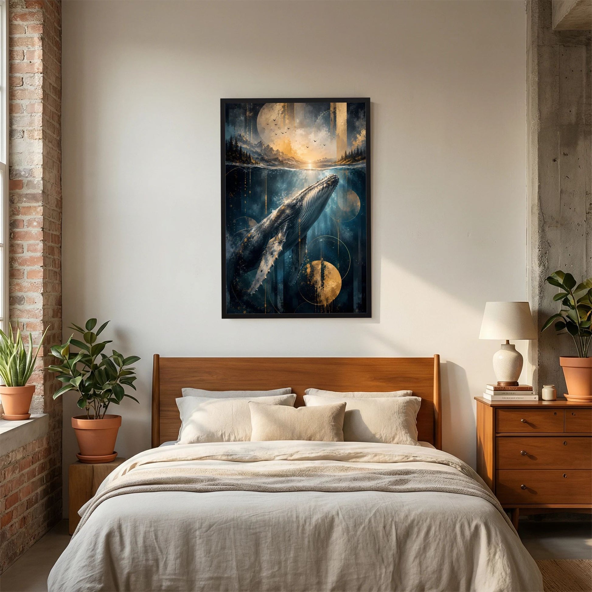 Wandposter im Hochformat mit Wal unter Wasser, Blau-Gold-Ozeanlandschaft, schwarzer Rahmen