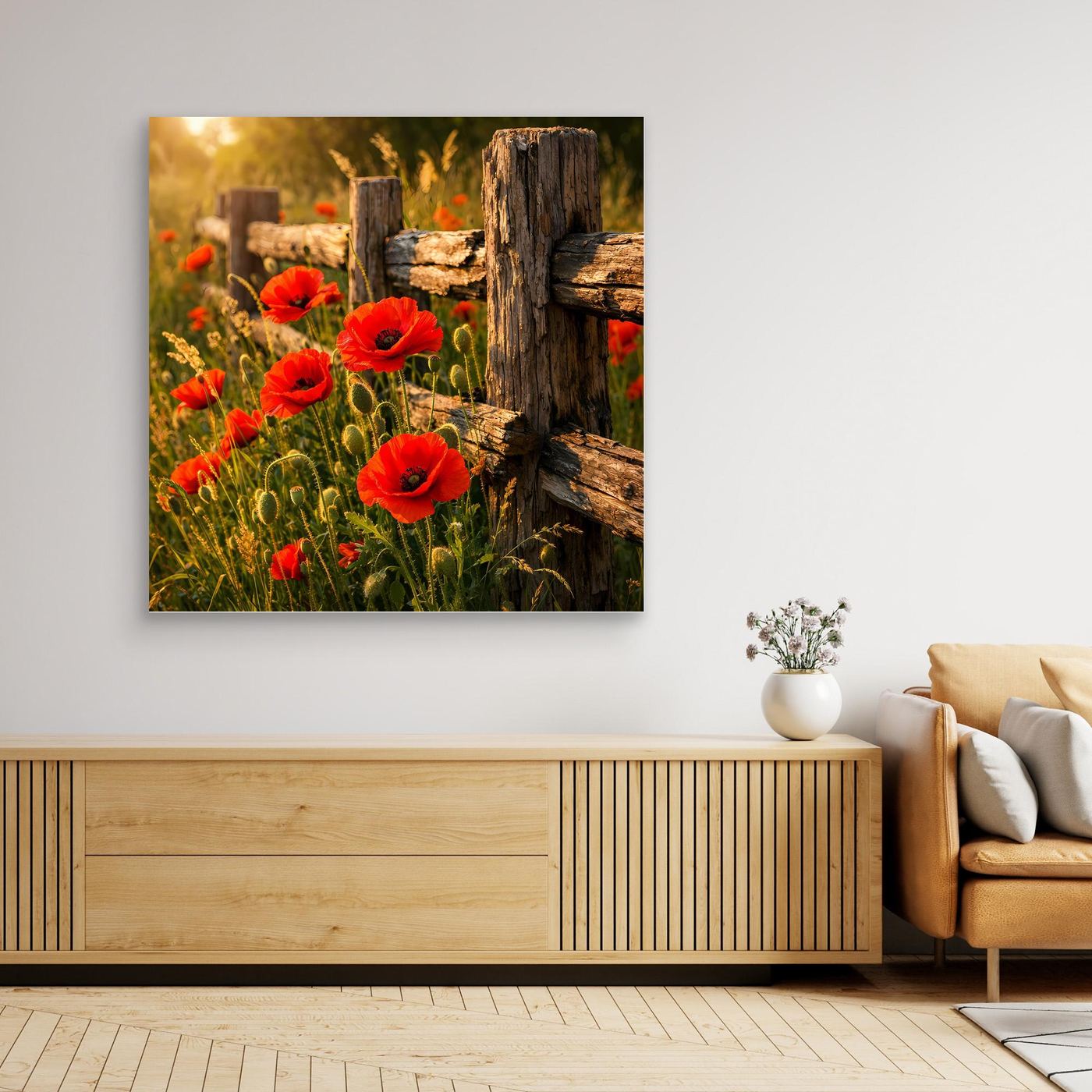 Gerahmtes quadratisches Leinwandbild mit roten Mohnblumen am Holzzaun