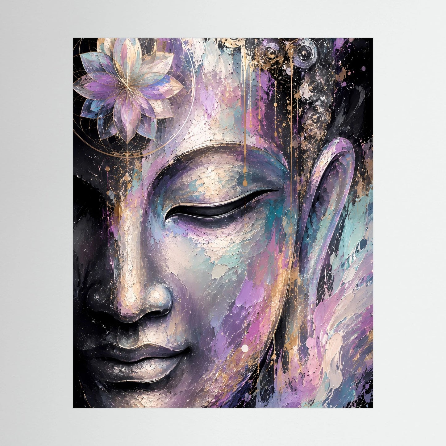 Kunstposter mit abstraktem Buddha-Gesicht in Pastell und Gold, mit violettem Lotus