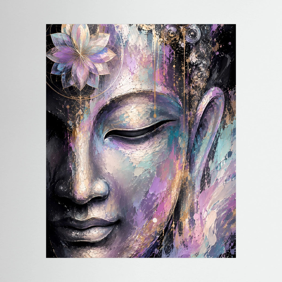 Kunstposter mit abstraktem Buddha-Gesicht in Pastell und Gold, mit violettem Lotus