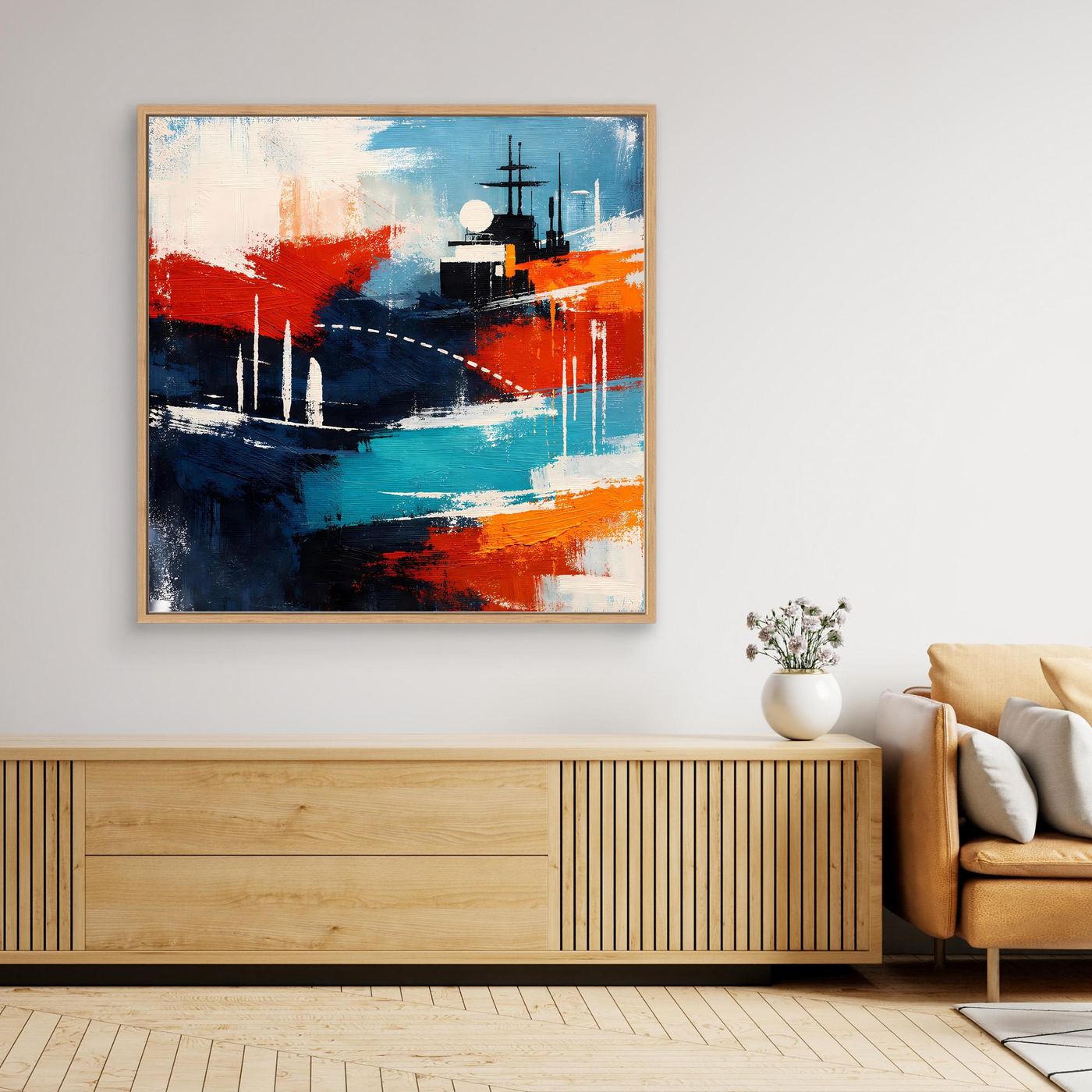 Abstraktes Leinwand-Wandbild mit Schiffs-Motiv, hellbrauner Holzrahmen, Blau und Rot