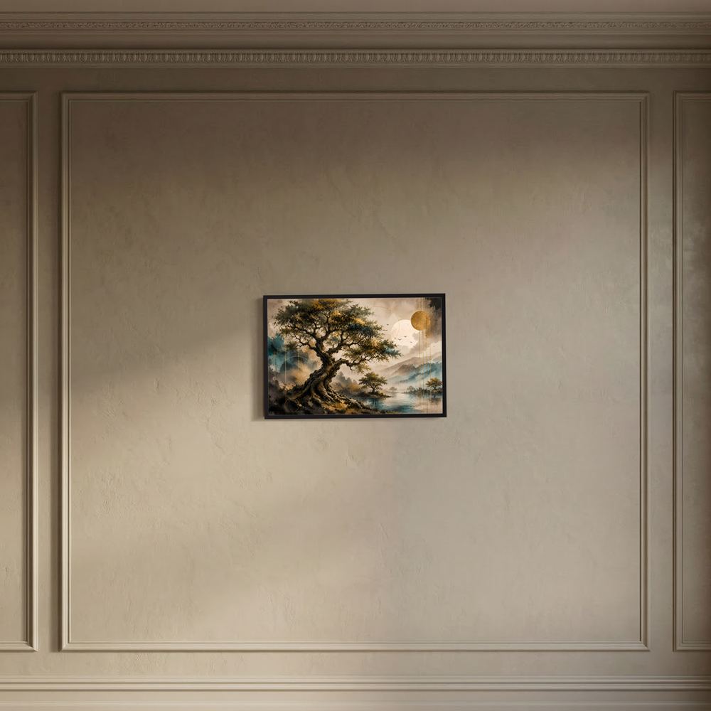 Gerahmtes Poster im Querformat mit Baum, Wasser und goldenen Kreis-Highlights
