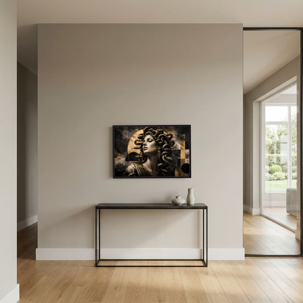 Wandposter im Querformat mit Medusa-Motiv: Frauengesicht mit Schlangen, Schwarz-Gold, schwarz gerahmt