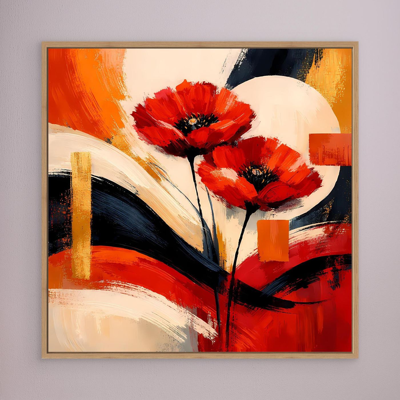 Leinwandbild mit roten Mohnblüten im abstrakten Rot-Gold, goldbrauner Rahmen