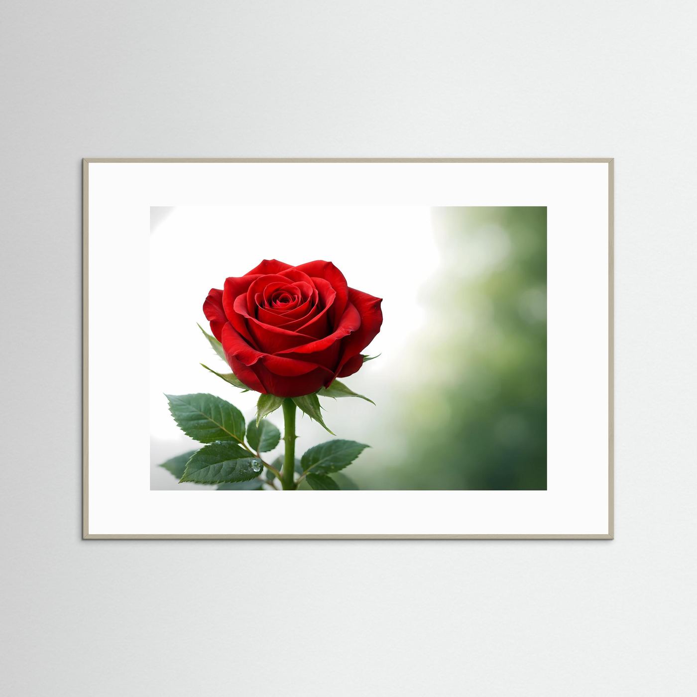 Poster mit roter Rose und grünen Blättern, Panorama-Ansicht im weißen Rahmen.
