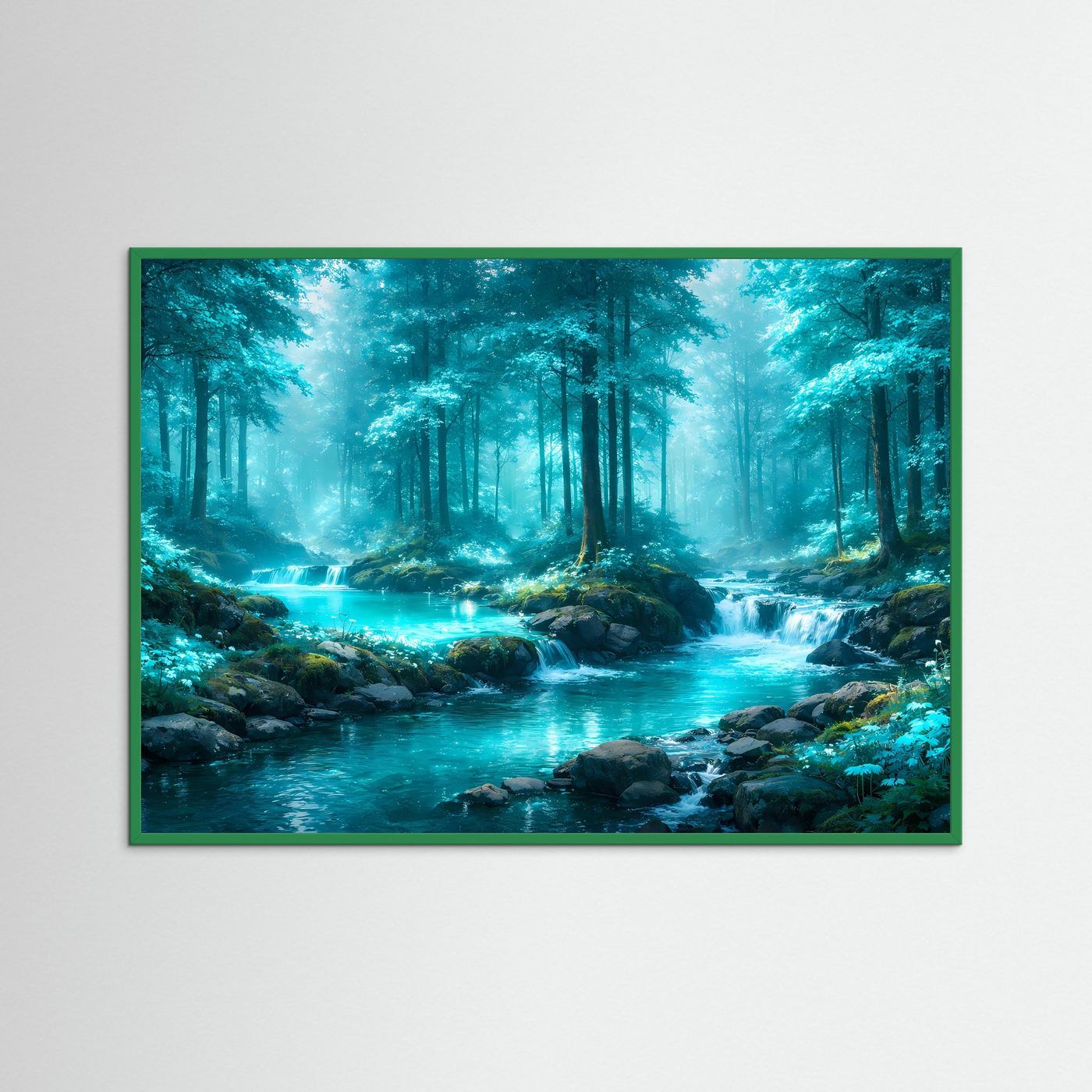 Landschaftsposter mit Fluss im grünen Wald, grüner Rahmen