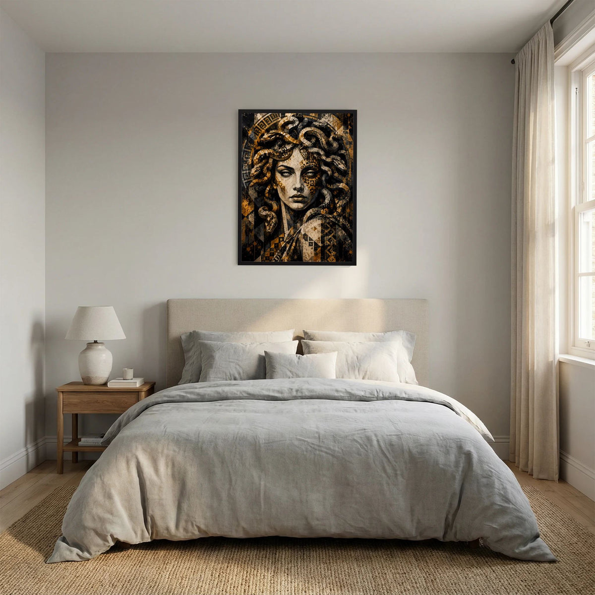 Wandposter mit Medusa-Mosaikbild: goldene Schlangen und Gesicht auf dunklem Hintergrund, schwarz