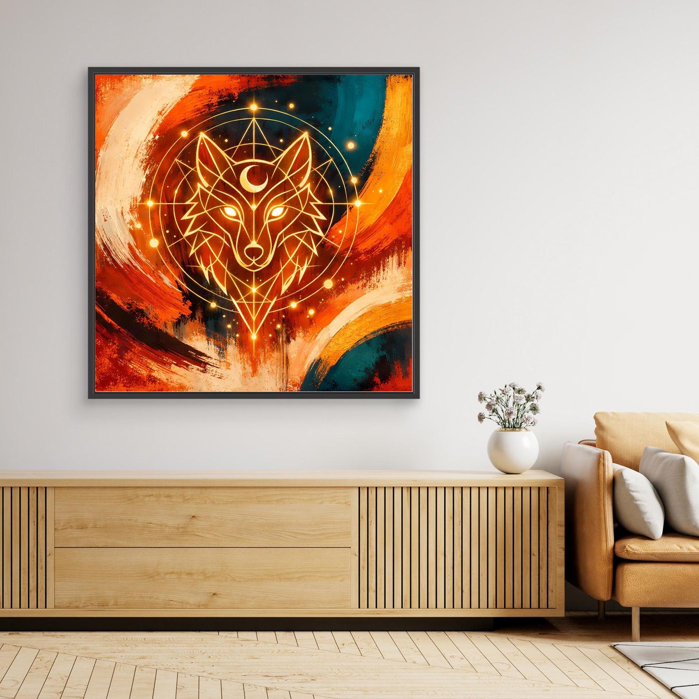 Leinwand-Wandbild mit geometrischem Wolfsdesign, orange‑türkiser Sternenhimmel, schwarzer Rahmen