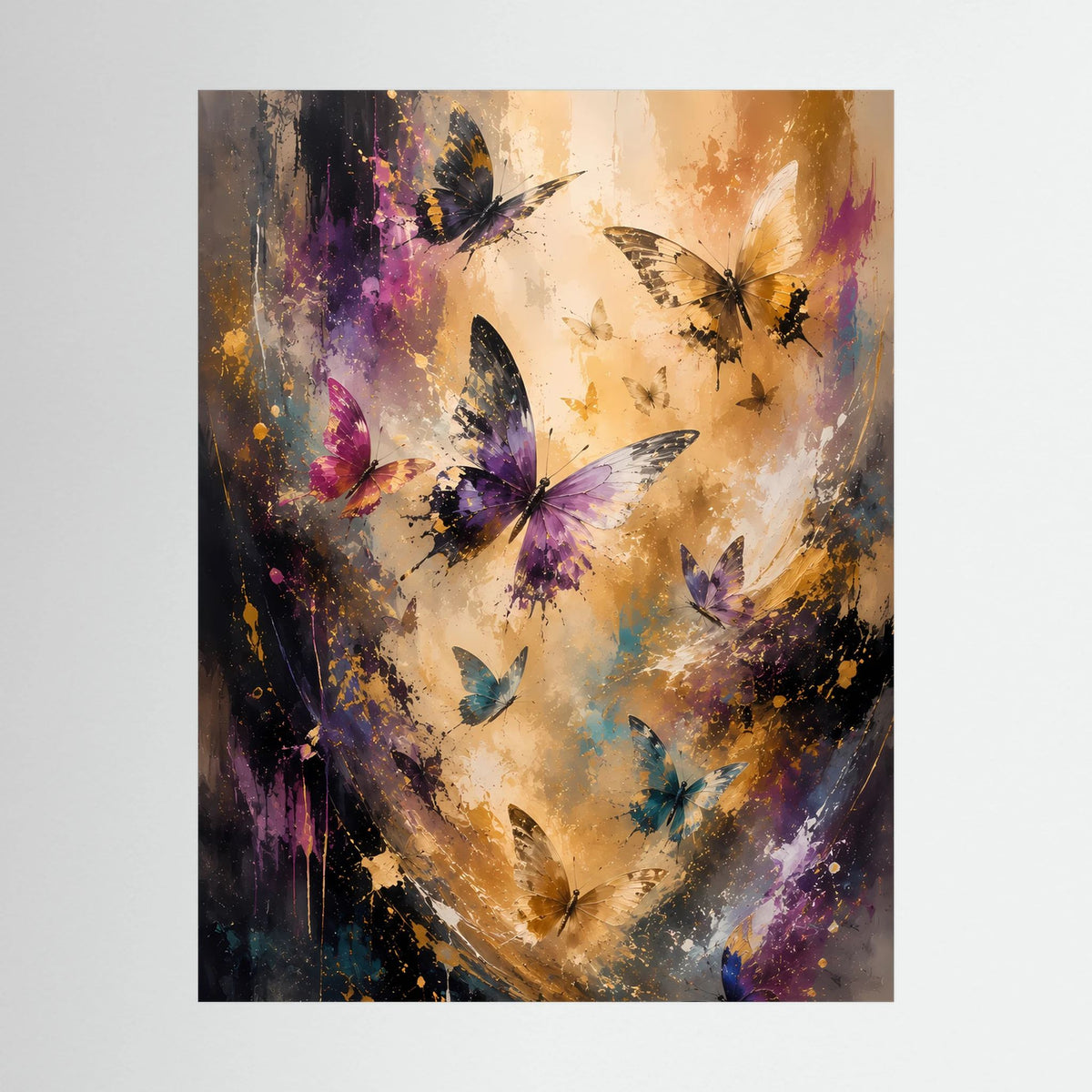 Hochformat-Poster mit abstrakten Schmetterlingen, Goldtöne, Violett und Blau