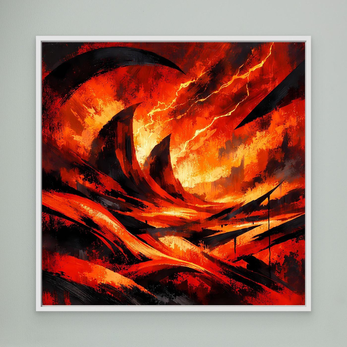 Wandbild auf Leinwand mit abstrakter Lava und Blitzen, weiß gerahmt