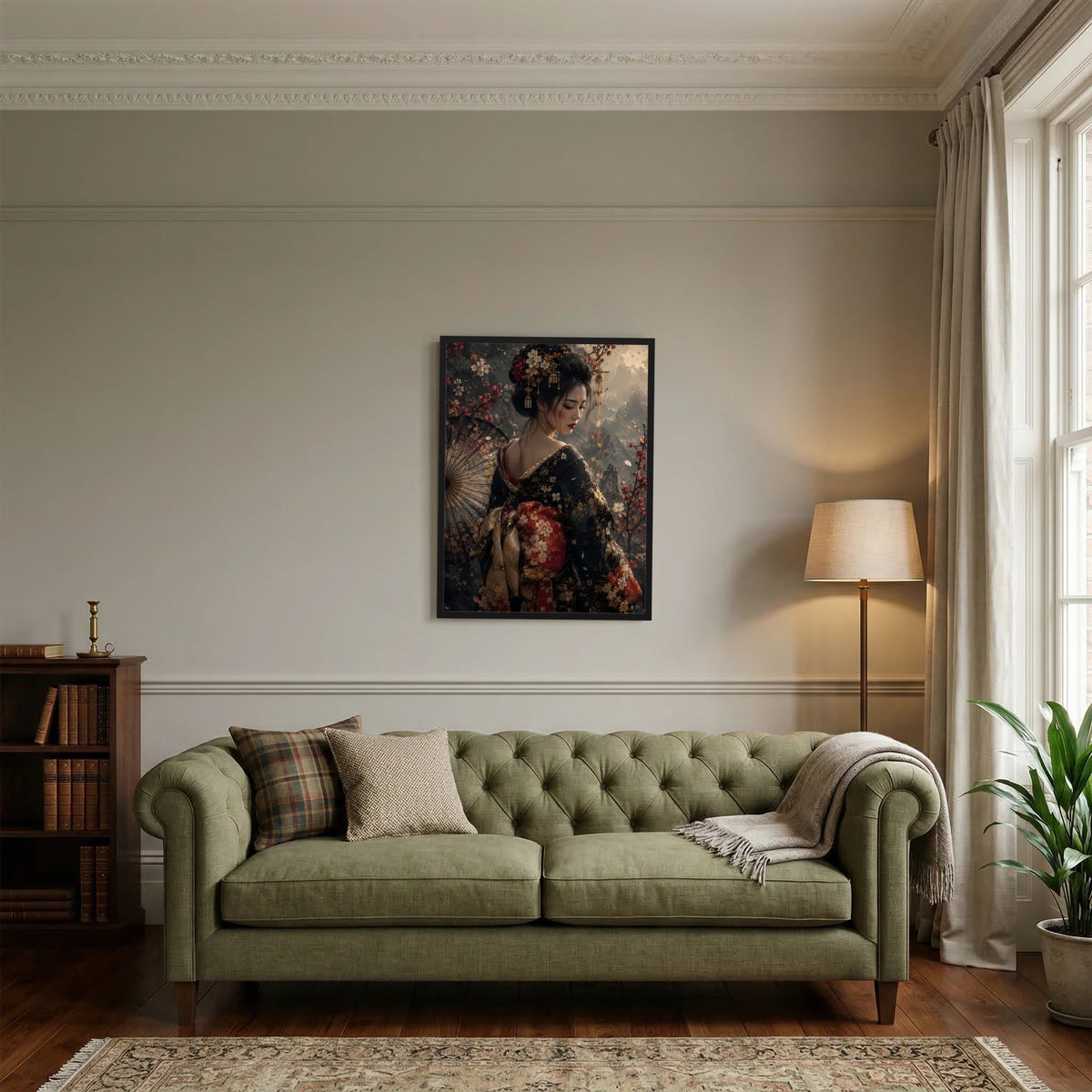 Hochformatiges Wandposter: Geisha-Frau im dunklen floralen Kimono mit Fächer