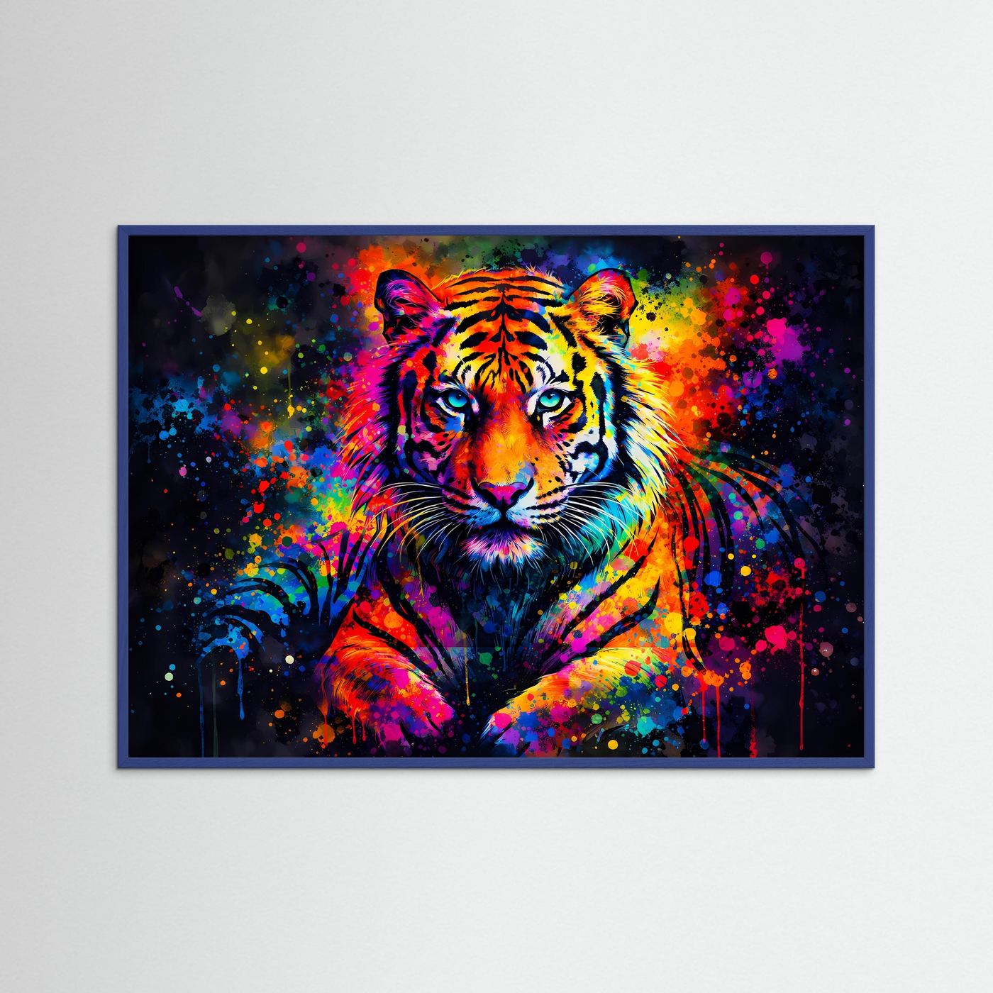 Tiger-Pop-Art-Poster im Querformat mit Tiger im Spritzfarben-Look und blauem Holzrahmen