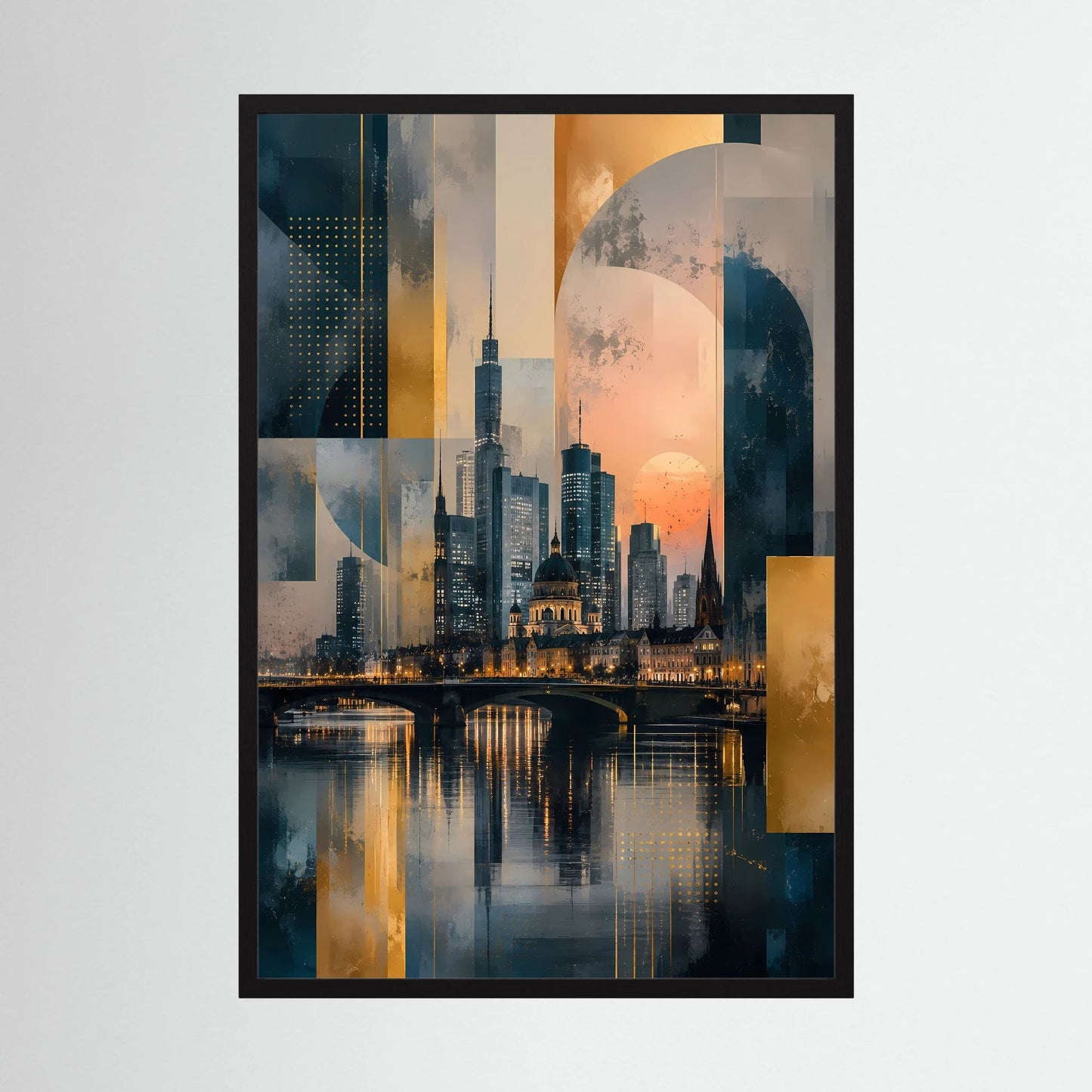 Poster (Hochformat) mit abstrakter Skyline am Fluss in Gold- und Petroltönen, schwarzer Rahmen