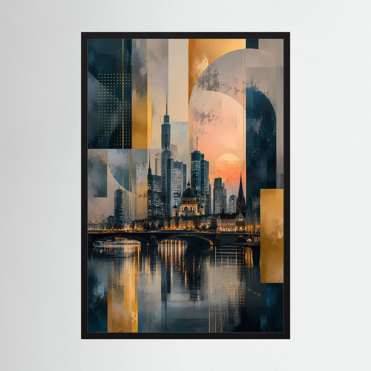 Poster (Hochformat) mit abstrakter Skyline am Fluss in Gold- und Petroltönen, schwarzer Rahmen