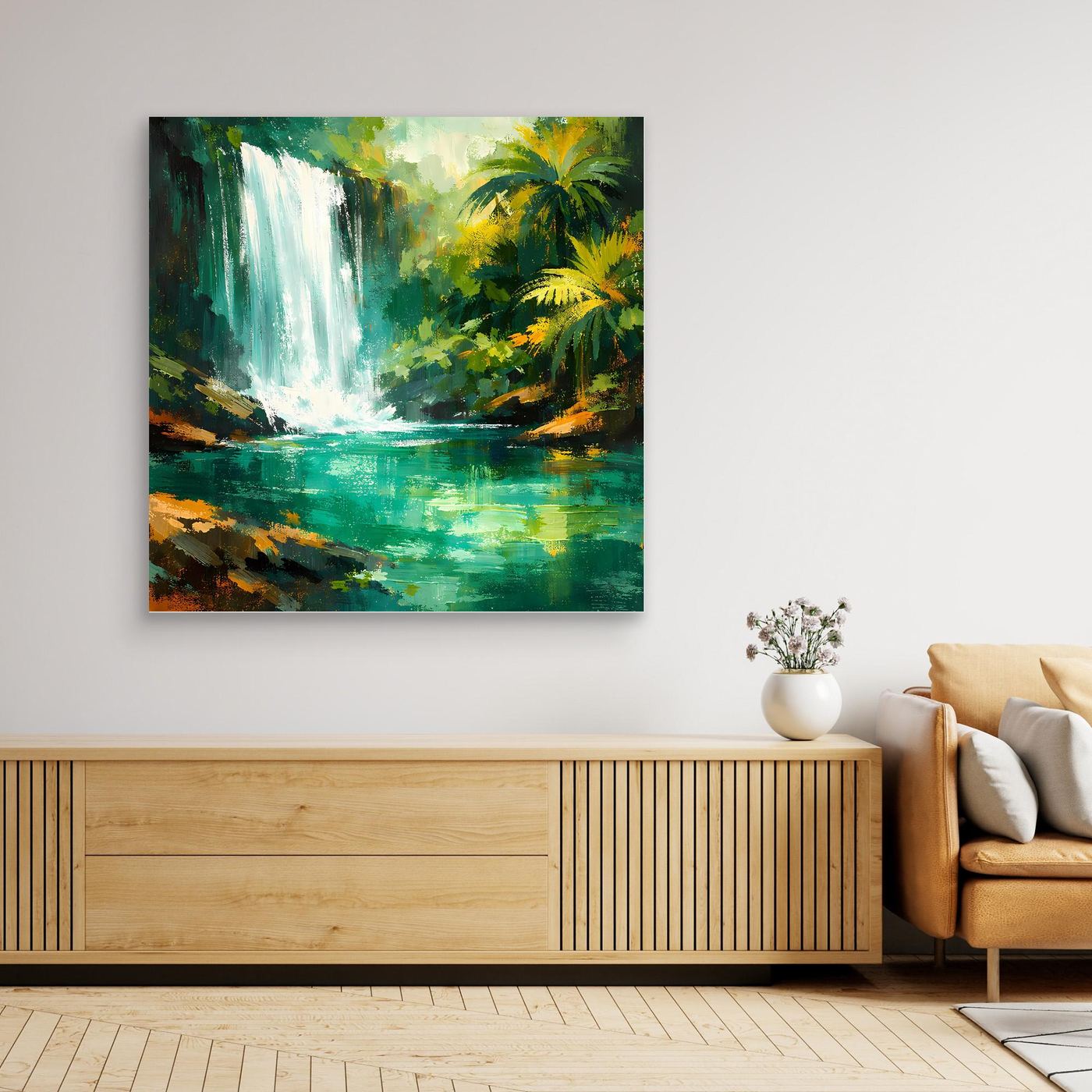 Leinwand Abstraktes Dschungel Wandbild mit Wasserfall | Modernes Natur Kunstwerk Grün