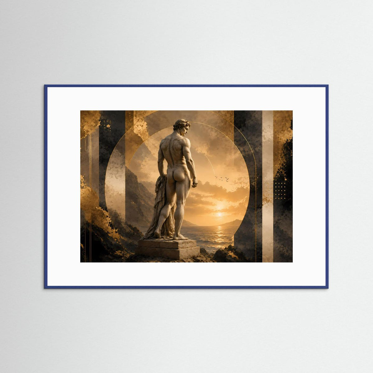 Gerahmter Poster mit antiker Männerstatue, Gold und Schwarz, Querformat