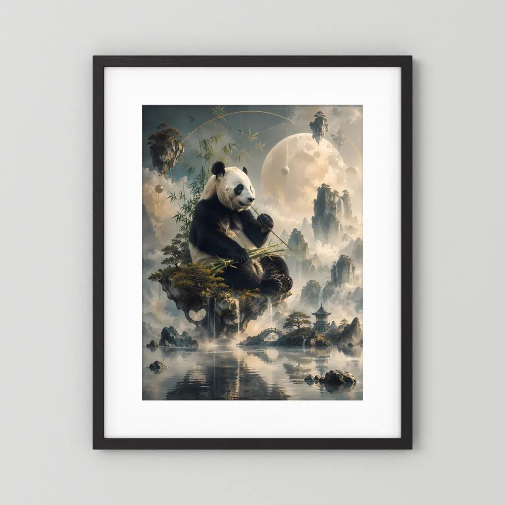 Kunstposter im Hochformat mit Panda auf Felsinsel, im dunklen Rahmen