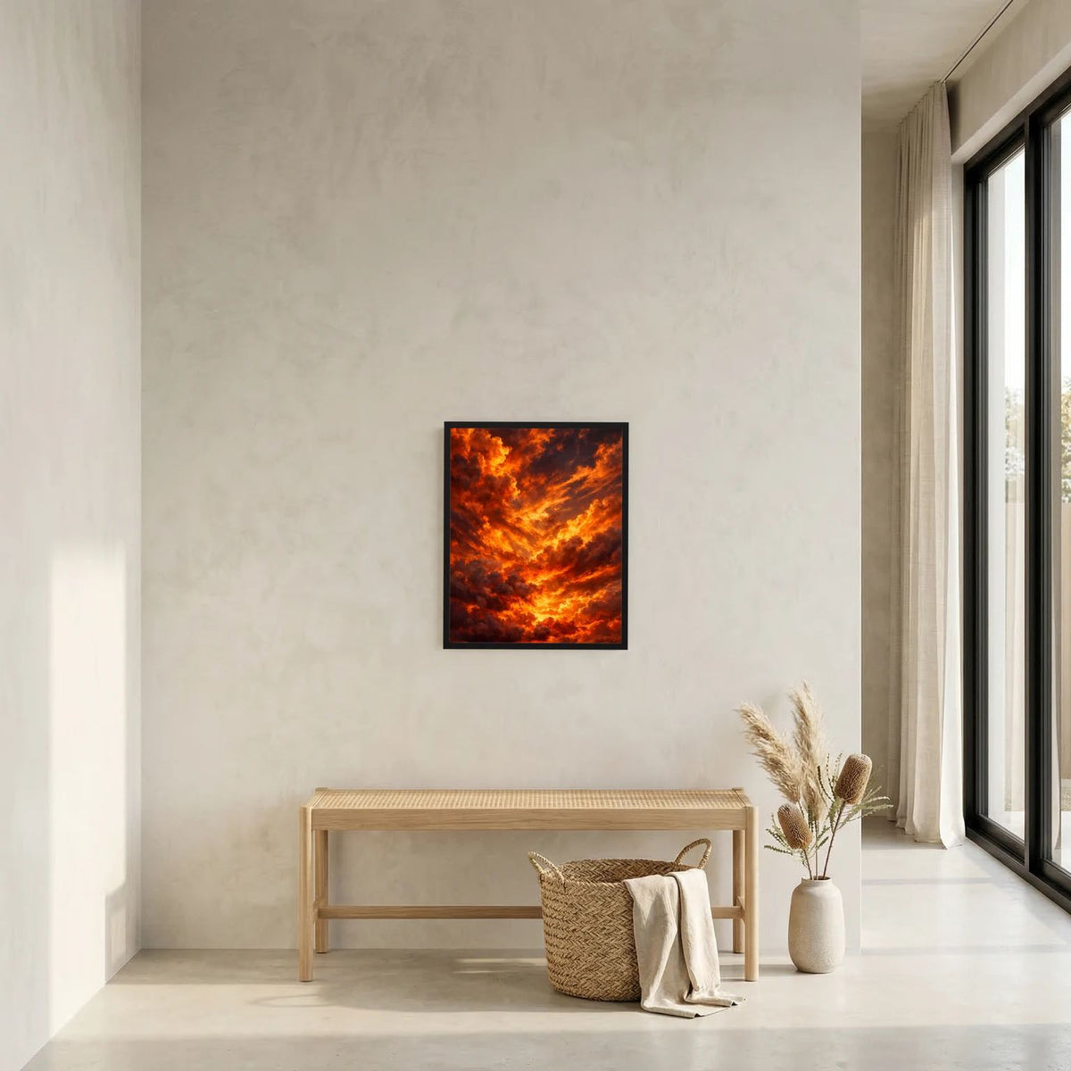 Quadratisches Wandbild mit glühenden Wolken in Orange und Rot, schwarzer Rahmen
