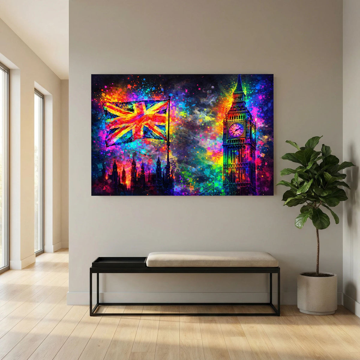Neonfarbenes Pop-Art-Wandbild im Querformat mit Big Ben und Union-Jack-Flagge