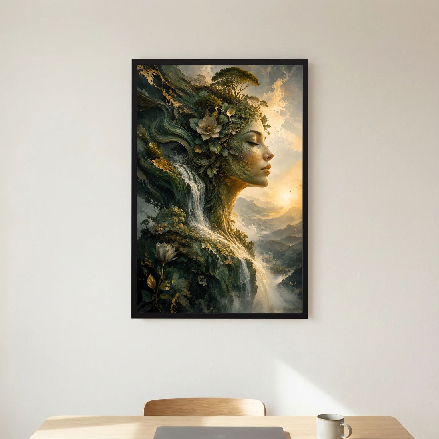 Wandposter Hochformat: Naturfrau mit geschlossenen Augen, Wasserfall im grünen Wald, schwarzer Rahmen