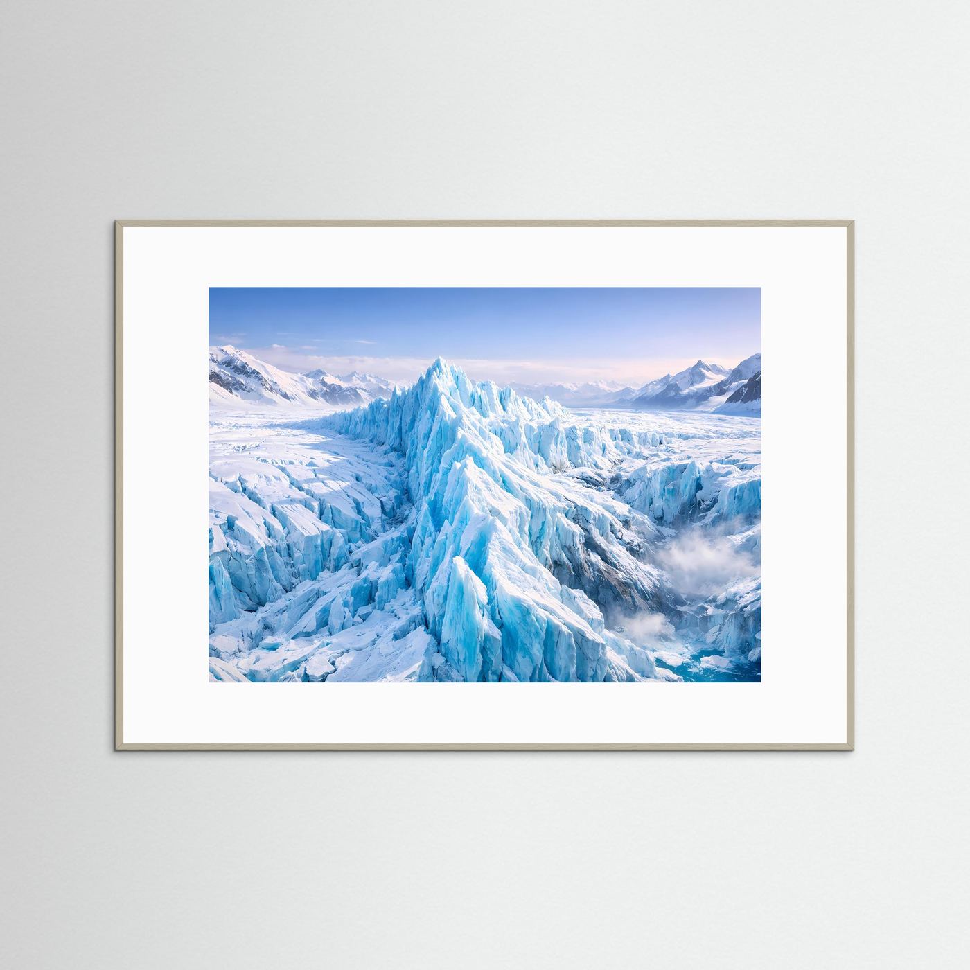 Eisgletscher-Panorama-Poster im hellen Holzrahmen