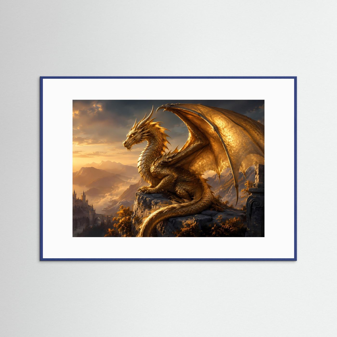 Wandkunst mit goldenem Drachen auf Fels, in blauem Rahmen