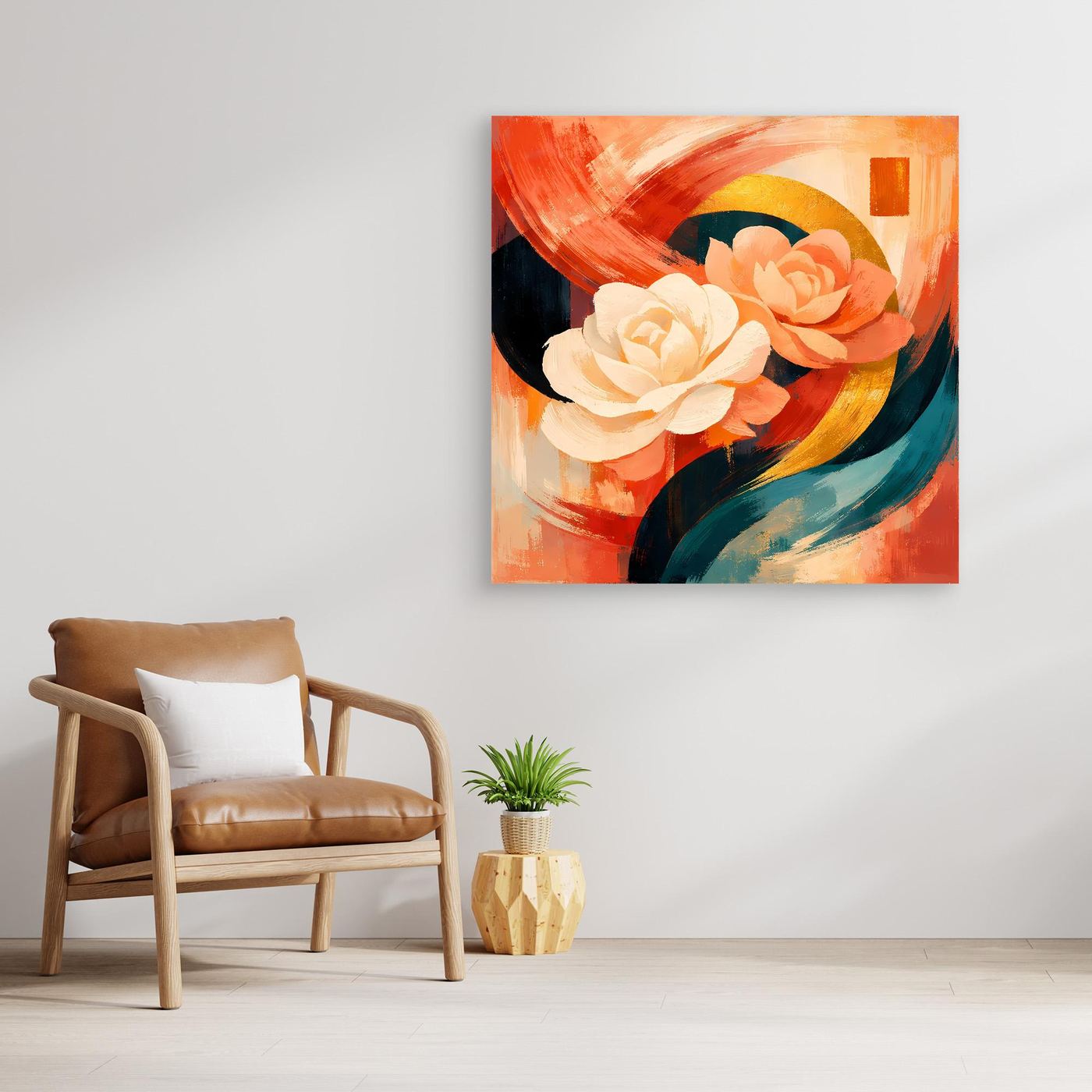 Leinwandbild mit abstrakten Rosen in warmem Orange, cremefarbenen Blüten, ohne Rahmen