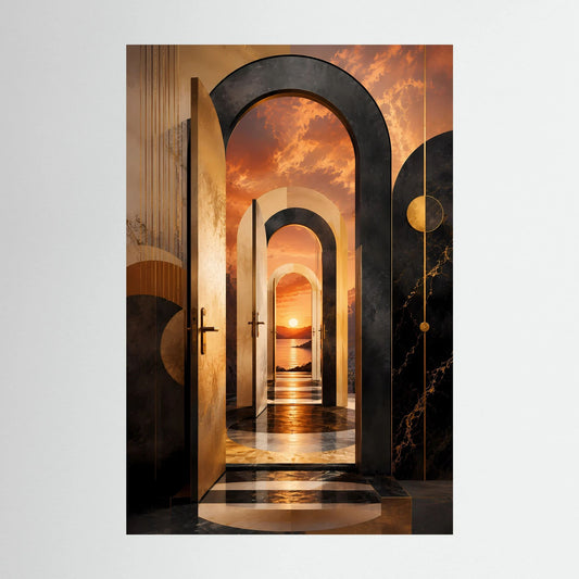 Hochformat-Poster mit surreale Architektur im Korridor-Look, Schwarz und Creme, ohne Rahmen