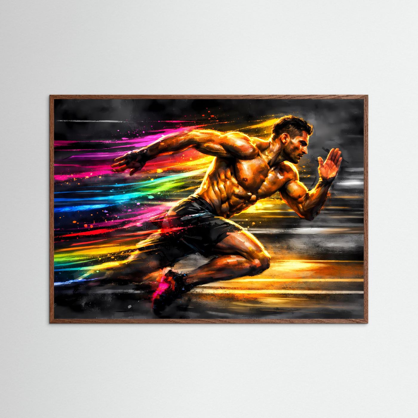 Sport-Poster mit Sprinter-Paar im Neon-Splash-Stil, brauner Holzrahmen