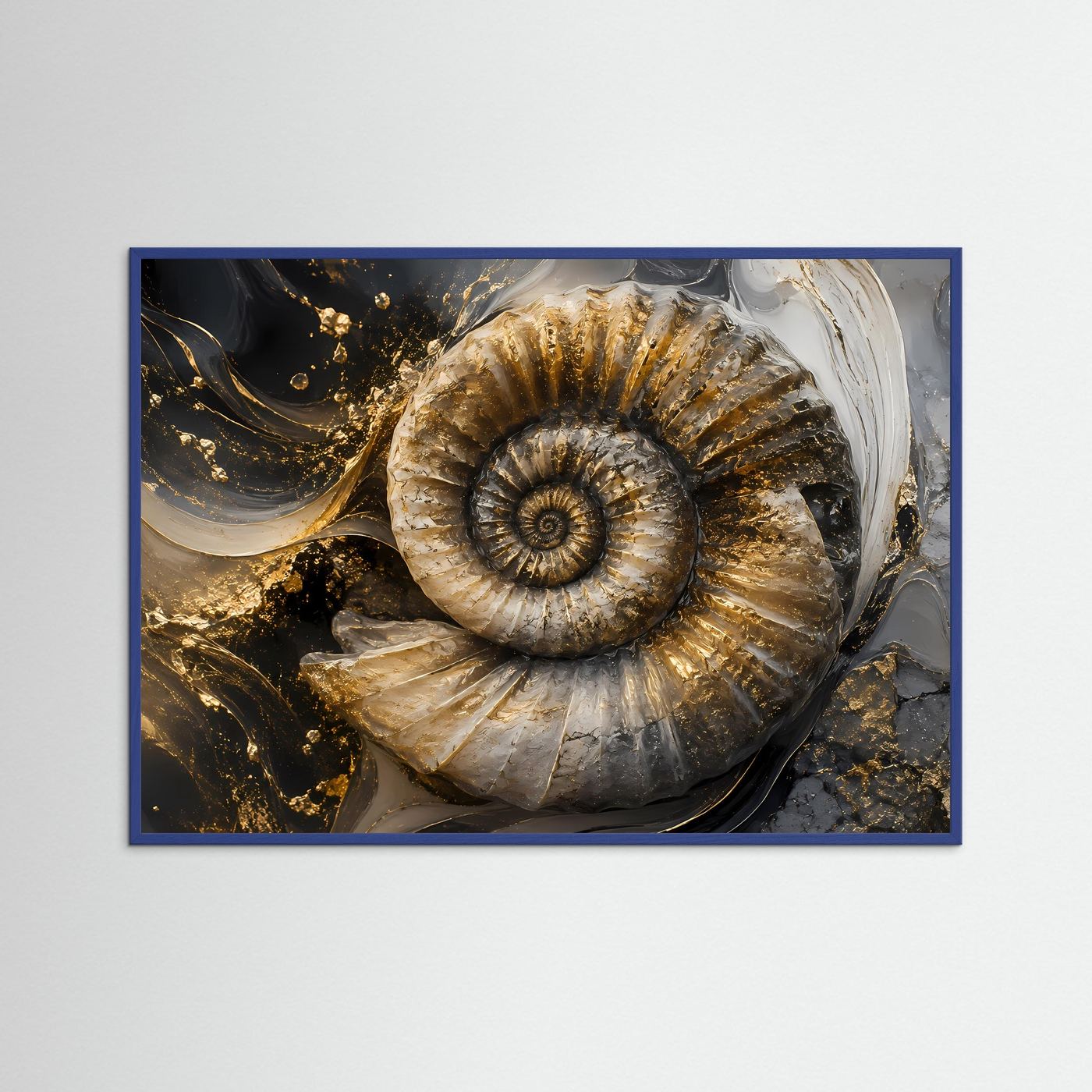 Ammonit Fossil Gold Schwarz | Luxuriöse Geologische Wandkunst | Abstraktes Natur Poster | Elegante Spiral Fossilie | Moderne Leinwand