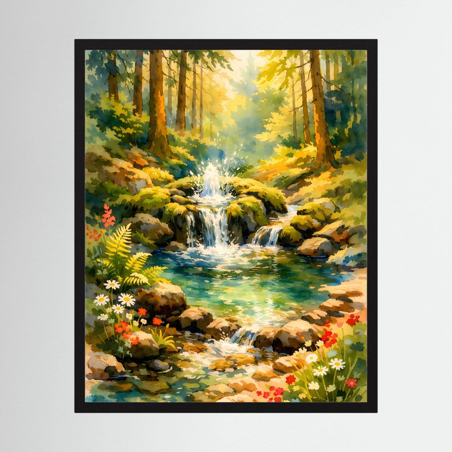 Poster mit Wasserfall im Wald und Bachlauf, Blumen am Ufer, schwarzer Rahmen
