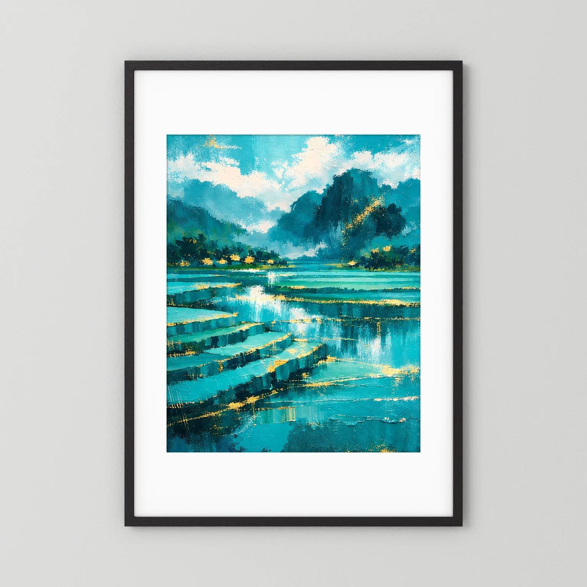 Hochformatiges Wandposter mit schwarzem Rahmen und weißem Passepartout, türkisblauer Fluss.