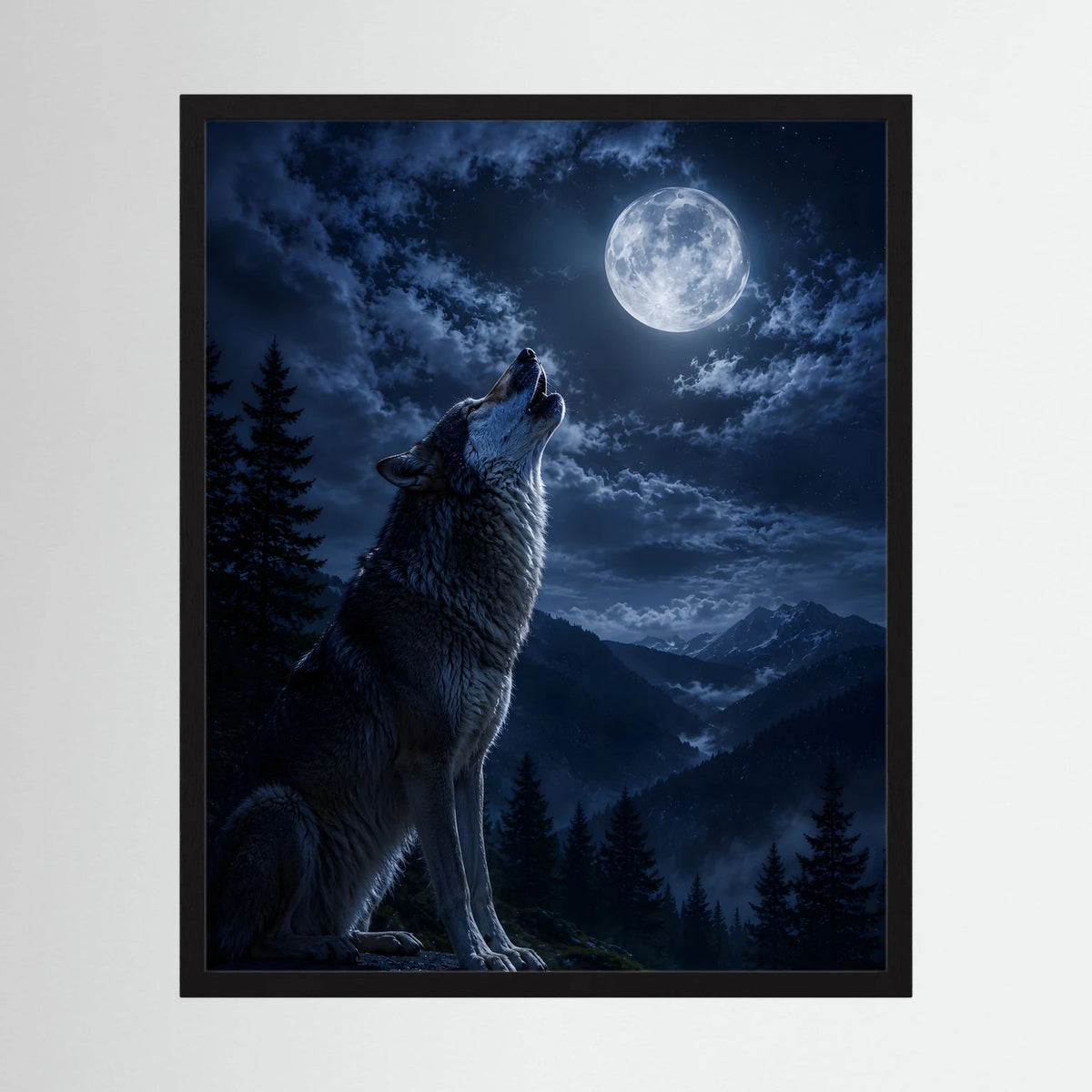 Wandbild im schwarzen Rahmen: heulender Wolf bei Vollmond über Wald und Bergen