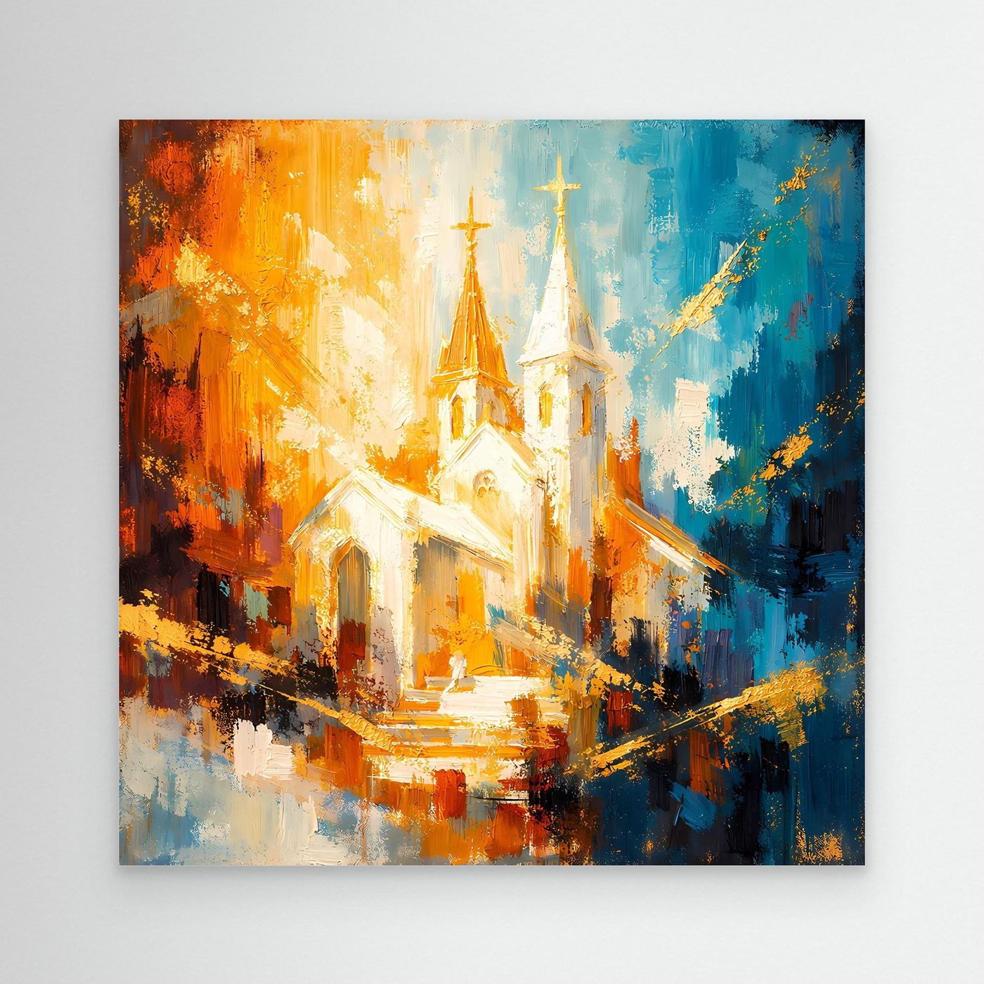 Leinwandbild mit abstraktem Kirchenmotiv in warmen Orange- und Blautönen, ungerahmt
