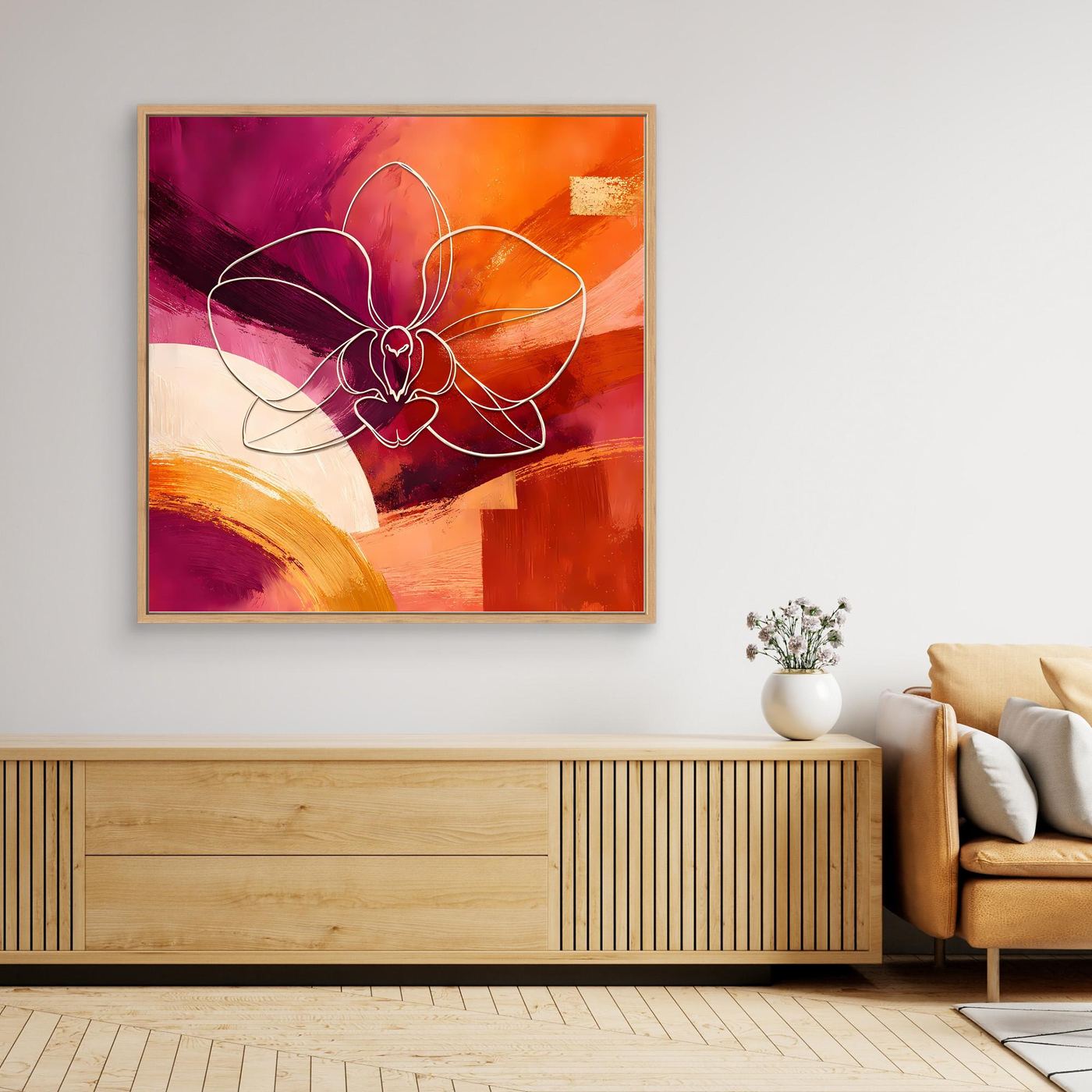 Abstraktes Leinwandbild Orchidee in Lila und Orange, mit hellem Holzrahmen
