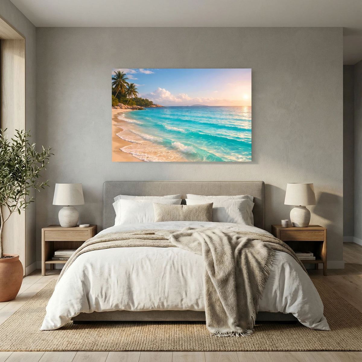 Strand-Wandbild im Schlafzimmer mit tropischer Küste, türkisfarbenem Meer und Sonnenaufgang