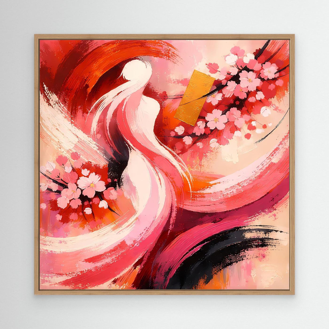Abstraktes Wandbild mit Holzrahmen: Kirschblüten, weiße Frauensilhouette, rote und rosa Pinselstriche