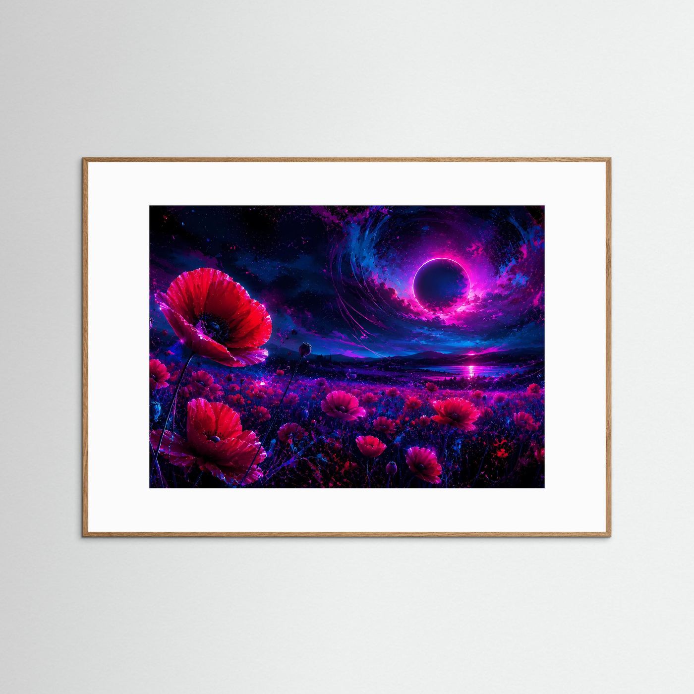 Mohnblumen Poster Querformat | Neon Fantasy Landschaft mit Mond | Abstrakte Moderne Wandkunst