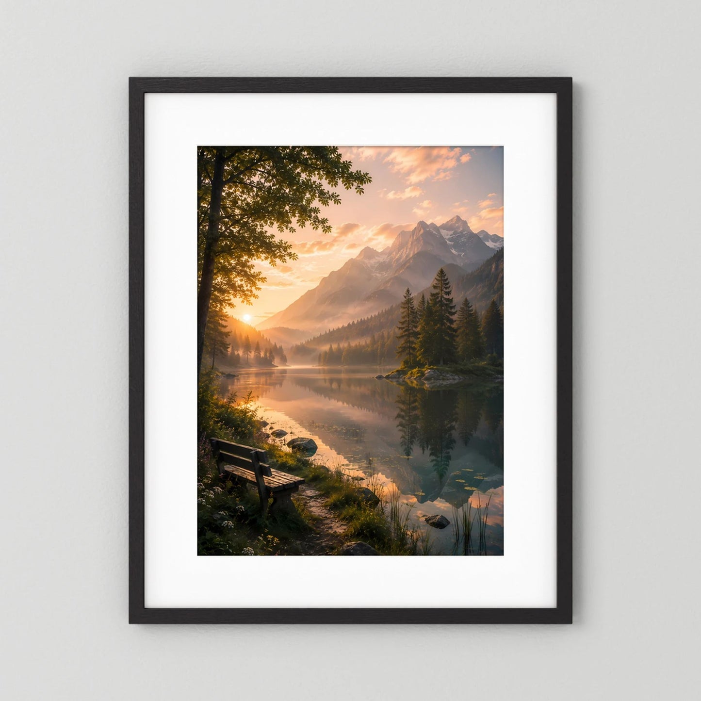 Bergsee im Sonnenuntergang | Ruhige Alpenlandschaft mit Sitzbank | Poster Hochformat