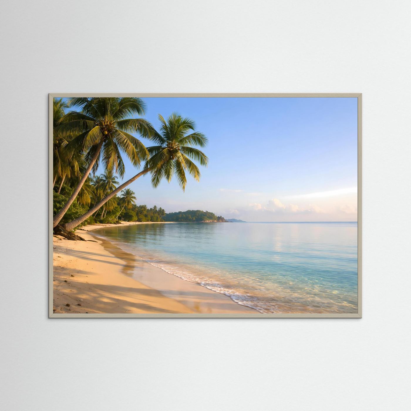 Strand- und Meerposter mit Palmen im grauen Rahmen, Querformat