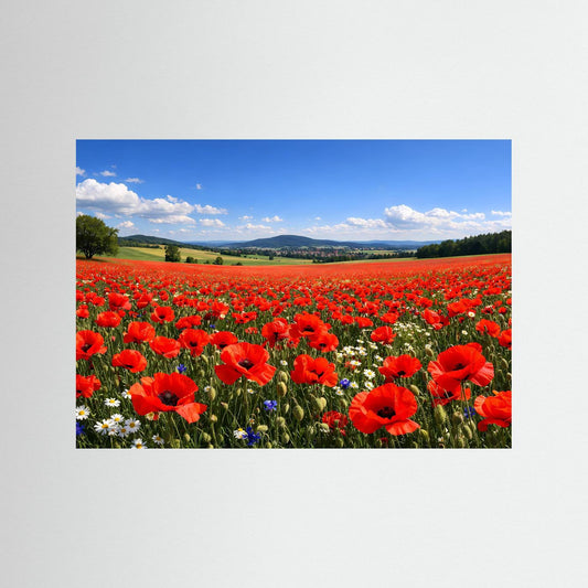 Querformat-Poster mit rotem Mohnblumenfeld und blauem Innenrahmen